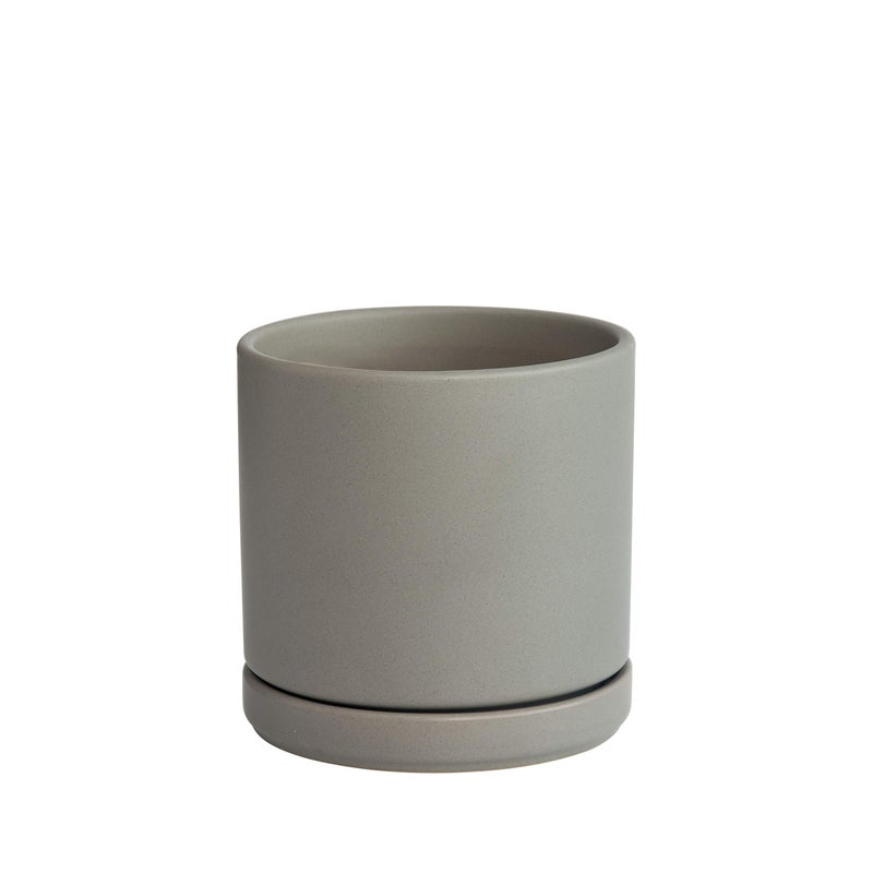 D'vine Dev 6 Inch Ceramic Planter Pot with Drainage Hole and Saucer, Indoor Cylinder Round Flower Pot, Grey, 94-O-C-3 - Image 1